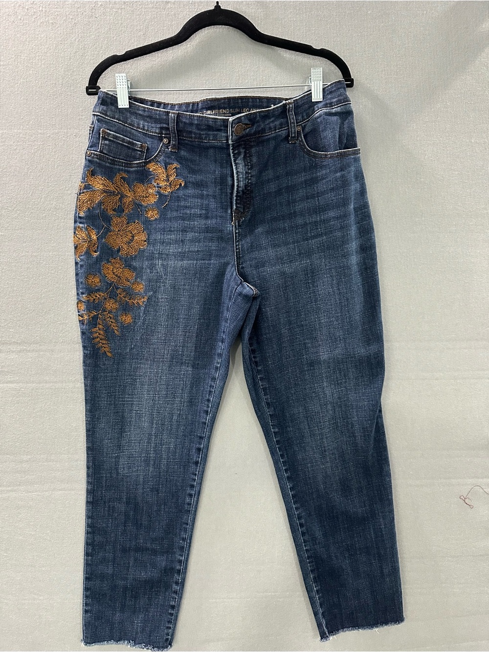 Chico's Indigo Ankle Jeans with Gold Floral Applique
